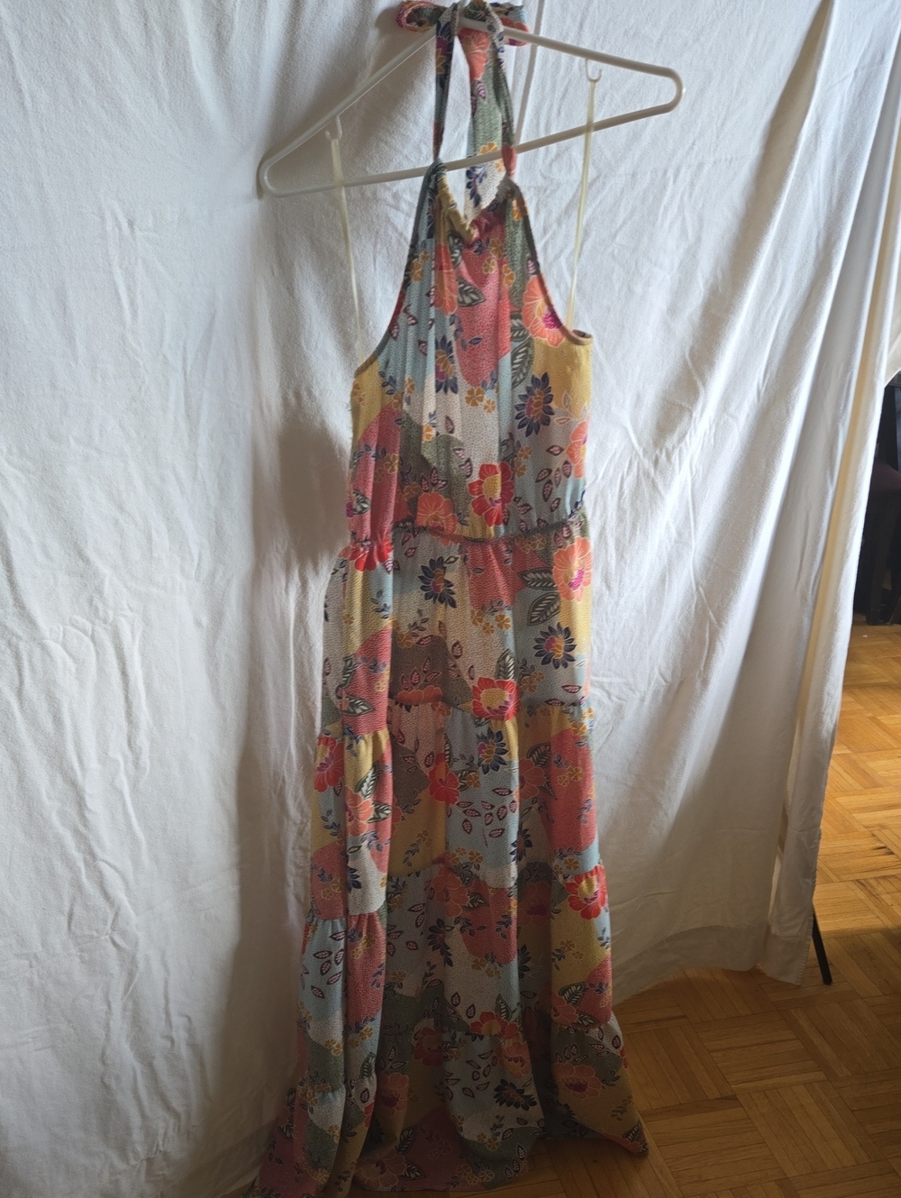 Monteau Floral Halter Maxi Dress in Pastel Yellow, Pink & Blue